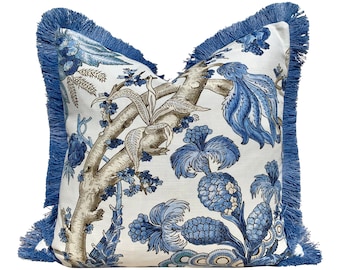 Chatelain French Blue Pillow , Brush Fringe. Floral French Country Blue and White Pillow Cover, Decorative Lumbar Cushion Euro Sham 26x26