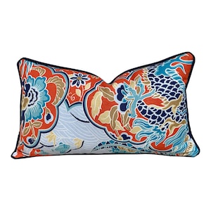 Thibaut Imperial Dragon Pillow in Orange and Turquoise. Decorative Lumbar Pillow