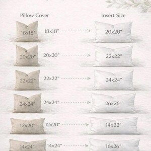 May include: A guide for pillow insert sizes, showing pillow covers and corresponding insert sizes. The guide includes sizes like 18x18 inches, 20x20 inches, 22x22 inches, 24x24 inches, 12x20 inches, and 14x24 inches. The text states that inserts should be 1-2 inches larger.