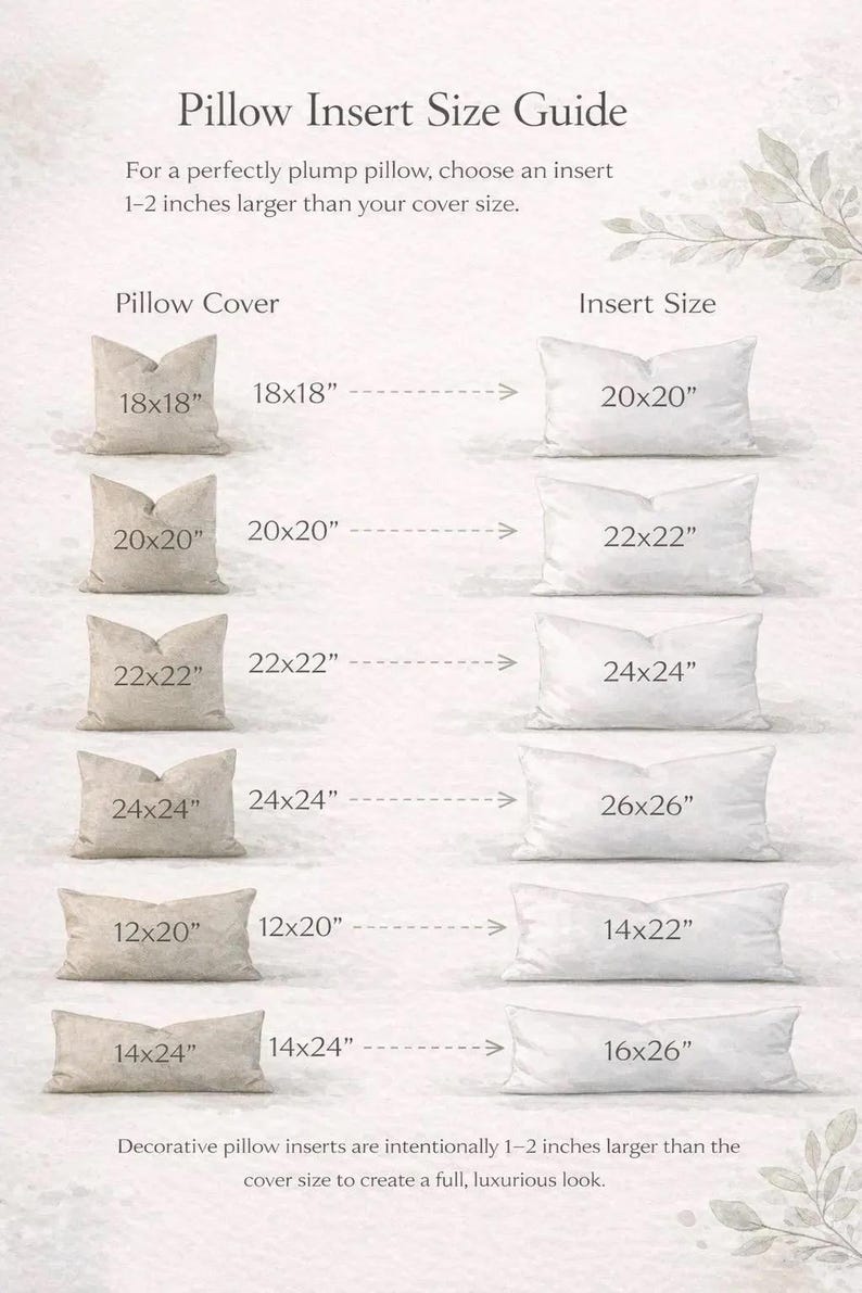 May include: A guide for pillow insert sizes, showing pillow covers and corresponding insert sizes. The guide includes sizes like 18x18 inches, 20x20 inches, 22x22 inches, 24x24 inches, 12x20 inches, and 14x24 inches. The text states that inserts should be 1-2 inches larger.
