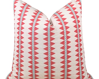 Thibaut Reno Stripe Embroidered Pillow - Coral, Luxury Designer Accent Cushion, Modern Geometric Throw Pillow, Euro Sham Case 26"X26"