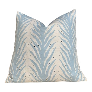 Schumacher Fern Pillow in Slumber Blue. Aqua Blue Pillows, Striped Lumbar Pillow in Light Blue, Designer Modern Blue Pillows Throw Cushion