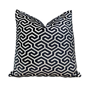 Schumacher Ming Fret Velvet Pillow in Black. Designer Modern Pillows, High End Pillows, Black Fret Works Velvet Pillow, Contemporary Pillow