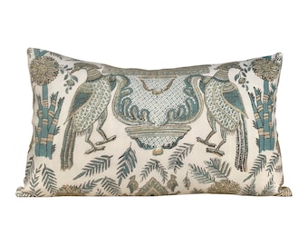 Thibaut Palampore Bird Lumbar Pillow in Teal and Tan. Decorative Lumbar Pillow.