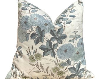 Fiorella Pillow in Mineral Blue. Designer Floral Linen Pillow Cover, Kravet Couture Accent Pillows, Euro Sham Covers Blue Gray