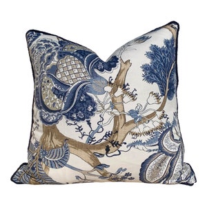Thibaut Kalamkari Pillow Navy Blue and White. Designer Accent Pillow Covers, Jacobean Decorative Pillows, Floral Bedroom Cotton Pillows