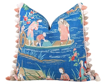 Schumacher Yangtze River Pillow - Blue. High End Accent Pillow, Chinoiserie Cushion Cover Coral, Blue, Designer Linen Pillows, Euro Sham