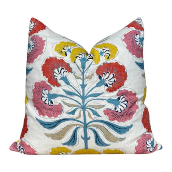 Thibaut Tybee Tree Pillow in Coral and Yellow. Designer Botanical Pillows, Euro Sham Covers 26"X26", Floral Pillow Blue Red, High End Pillow