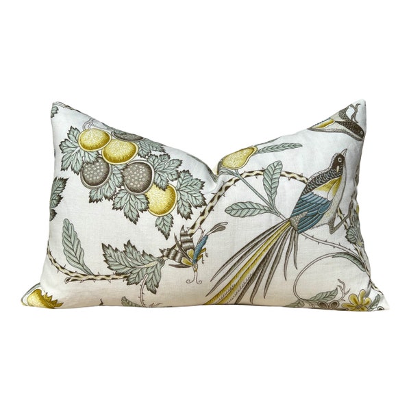 Schumacher Campagne Pillow in Spa Blue. Designer Lumbar Linen Cushion Cover, High End Pillows, Yellow Aqua Blue Pillow Case Bird Print