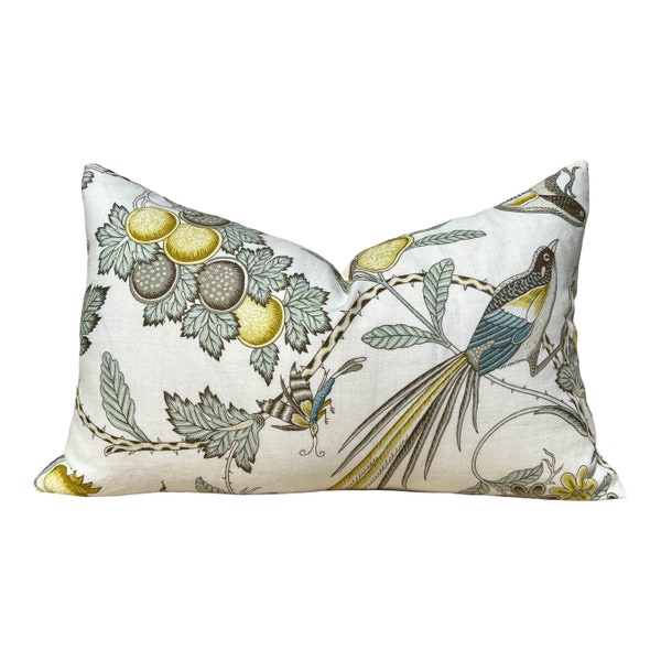 Schumacher Campagne Pillow in Spa Blue. Lumbar Linen Pillow, Designer Pillows, High End Pillows, Yellow Aqua Blue Pillow Case Bird Print