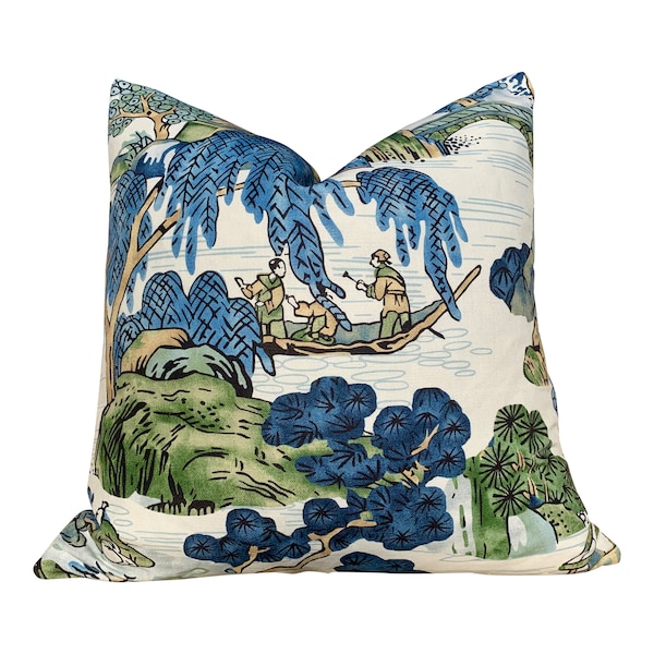 Thibaut Asian Scenic Kelly and Blue Green Pillow. Lumbar Accent Pagoda Chinoserie Pillow Case, Euro Sham Cover, Designer Pillows