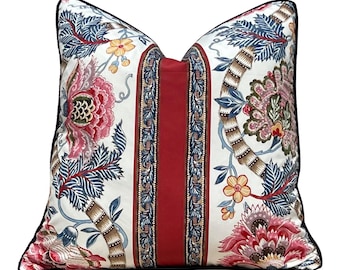Brunschwig and Fills Lauris Pillow in Red and Blue with Twisted Cord Trim. Floral Designer Cushion Cover, High End Pillows, Euro Sham Case