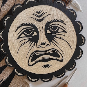 Frowning Moon Woodcut Wall Hanging