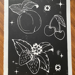 Fruit - Strawberry Cherry Peach Linocut Print