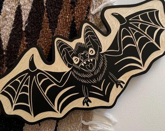 Bat Woodcut Wall Hanging Hand Carved Wall Art