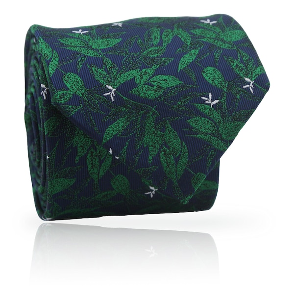Embroidered Snowdrops Navy Blue Tie: White Blooms with Green Leaves, Timeless Floral Neckwear