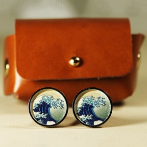 Great Kanagawa Wave Cufflinks - Ukiyoe Cufflinks - Wave Cufflinks - Stainless Steel Cufflinks with Watch Glass [16mm] - Unique Design 2023