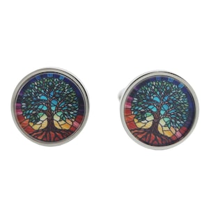 Unique Stained Glass Life Tree Cufflinks - Life Tree Cufflinks - Painted Cufflinks - Colorful Cufflinks- Wedding Cufflinks [16mm] 4 Colors