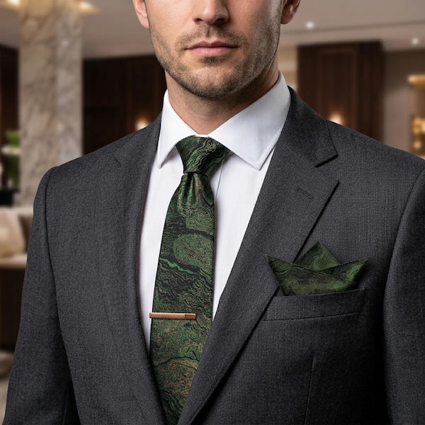 Emerald Green & Gold Marbled Brocade Tie and Pocket Square Set