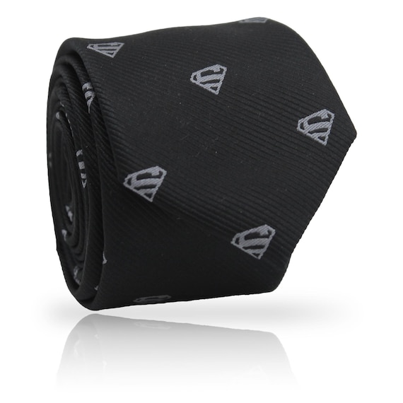 Embroidered Grey Superman Logo Black Tie: Hero Necktie for Fans, Subtle Superhero Style