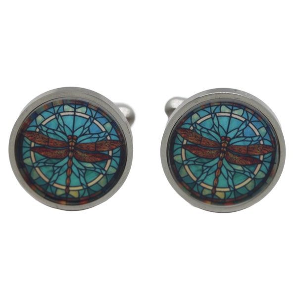Unique Stained Glass Dragonfly Cufflinks - Custom Cufflinks - Painted Cufflinks - Blue Cufflinks- Gift Cufflinks [16mm] 4 Colors
