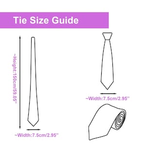 Może przedstawiać: Przewodnik po rozmiarach krawat&oacute;w na białym tle z tekstem "Tie Size Guide" w fioletowym prostokącie. Obraz pokazuje wymiary krawata: 150 cm wysokości i 7,5 cm szerokości.