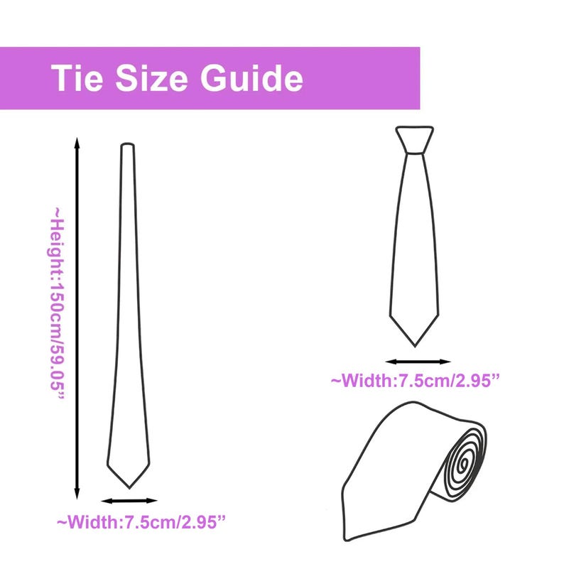 Może przedstawiać: Przewodnik po rozmiarach krawat&oacute;w na białym tle z tekstem "Tie Size Guide" w fioletowym prostokącie. Obraz pokazuje wymiary krawata: 150 cm wysokości i 7,5 cm szerokości.