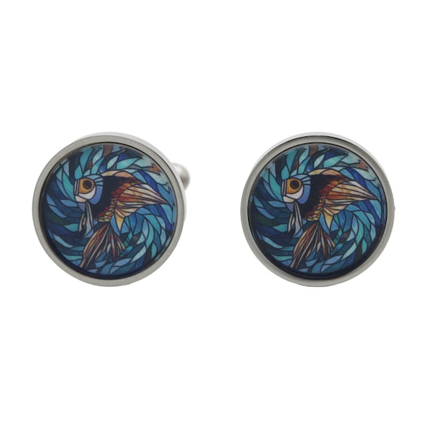 Unique Stained Glass Fish Cufflinks - Fish Cufflinks - Painted Cufflinks - Animal Cufflinks - Holiday Cufflinks [16mm] 4 Colors