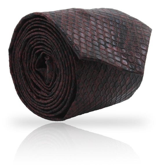 Burgundy Python Skin Tie: Luxury Exotic Skinny Reptile Necktie, Leather Gift for Groom