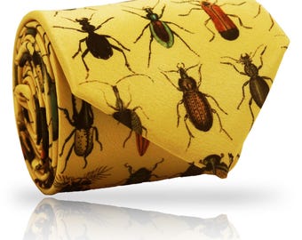 Bug Collection Motif Golden Entomology Tie: Vintage Insect Print Necktie, Science Themed Accessory