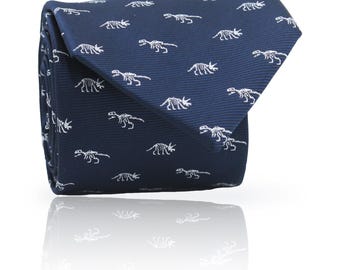 Gestickte Dinosaurier-Skelett-Krawatte: Marineblaue Polyester-Krawatte