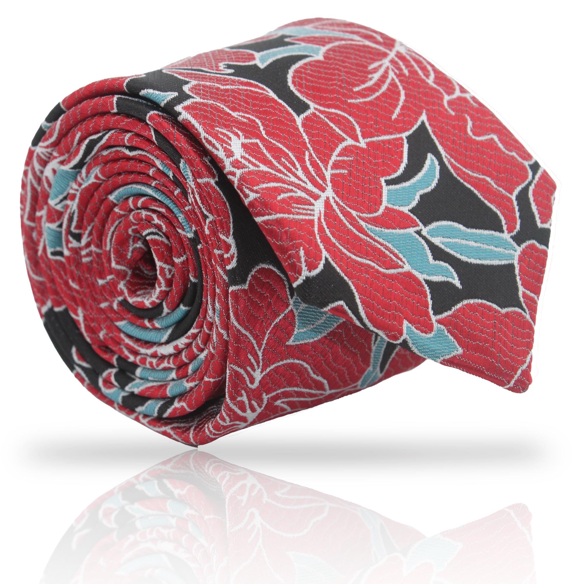 Sterling Rose Krawatte (Blumen und Blätter spiegeln das Licht) - Vintage Rote Blumen Krawatte - Rot, Hellblau und Schwarz Krawatte - Blink Hochzeitskrawatte