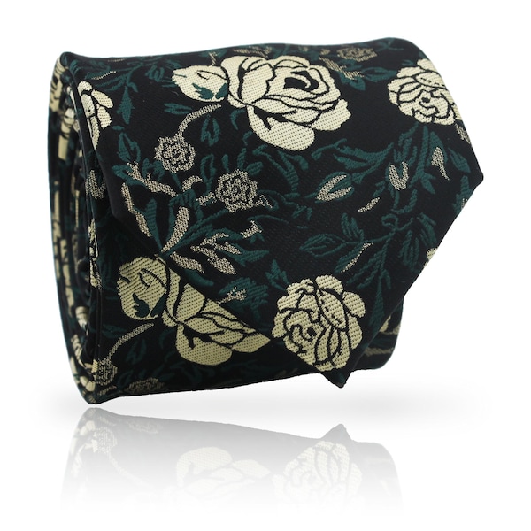 Embroidered Gold Rose Green Leaf Black Tie: A Midnight Garden Tie, Timeless Floral Luxury