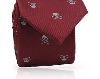 Embroidered Skeleton Necktie (Black and Red): Gothic and Bold Statement Tie, Artisan Formal Accessory