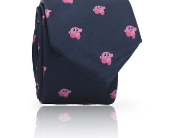 Embroidered Pink Kirby Dark Blue Tie: Handmade Anime Necktie, Gift for Gamers Fans