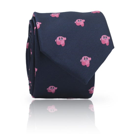Embroidered Pink Kirby Dark Blue Tie: Handmade Anime Necktie, Gift for Gamers Fans