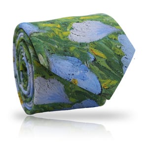 May include: Rolled necktie with a floral impressionist design. The tie displays green, blue, and yellow tones, with a textured look. The fabric is rolled, showing the pattern's repeating motif. A stylish accessory for formal or semi-formal occasions.