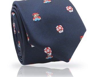 Super Mario Dark Blue Necktie: Classic Video Game Anime Tie, Retro Character Patterns Accessory