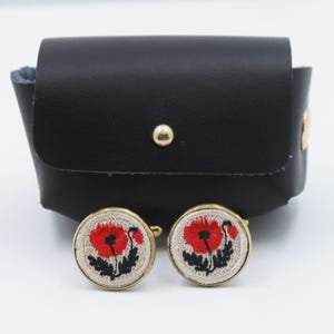 Unique Embroidery Poppy Cufflinks- August Birthday Cufflinks- Floral Embroidered Cufflinks- Cufflinks with Leather Box- Birthday Gift(16mm)