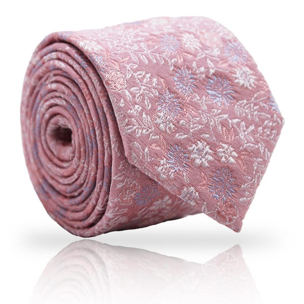 Pink Floral Jacquard Handmade Necktie: Glitter Daisy, Peach Tie for Wedding