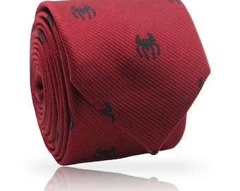 Black Spider Embroidered Crimson Polyester Necktie