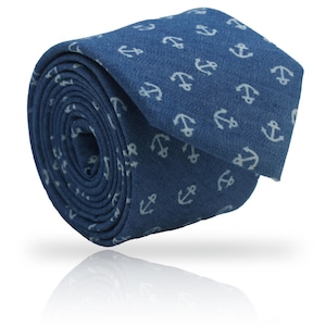 Denim Anchor Necktie: Indigo Blue Nautical Cotton Tie