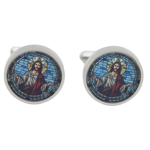 Unique Stained Glass Jesus Cufflinks - Christmas Cufflinks - Painted Cufflinks - Leather Cufflinks Box - Holiday Cufflinks [16mm] 4 Colors