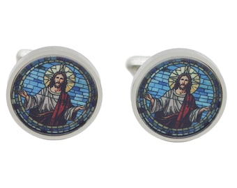 Stained Glass Jesus Cufflinks: Stainless Steel Religious Jewelry (16mm)