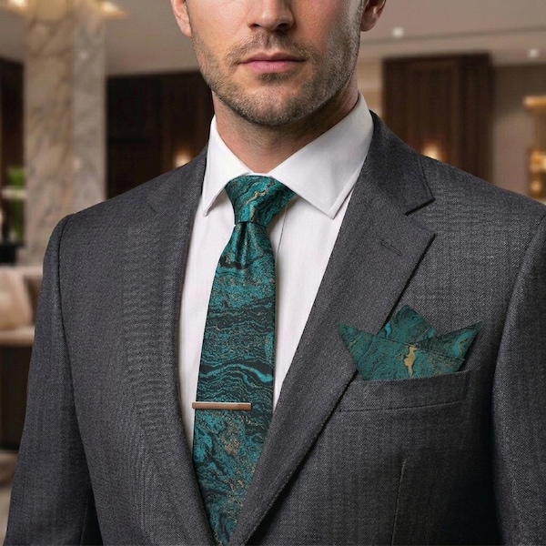 Peacock Green & Gilt Gold Marbled Brocade Tie and Pocket Square Set