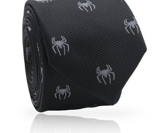Embroidered Gray Spider Black Tie: Spider-Man Inspired 1980s Necktie, Classic Collector's Gift for Men
