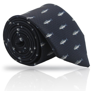 Scad Fish Necktie - Glitter Fish Tie - Gift for Fisherman - Sparkling Koi Fish Necktie - Quirky Aquatic Men’s Tie - Dark Blue Necktie