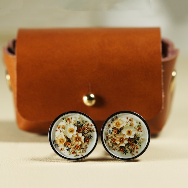 Cosmos Floral Cufflinks - Painted Stainless Steel, Personalized Gift