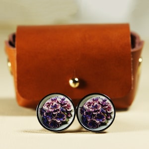 Violet Floral Cufflinks: 3D Painted Stainless Steel (16mm)