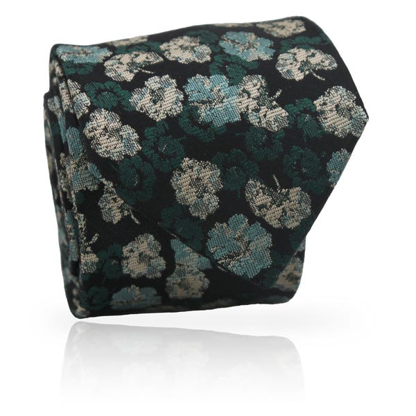 Embroidered Green and Gold Flowers Black Necktie: Golden Floral Elegance, Artisan Crafted Accessory